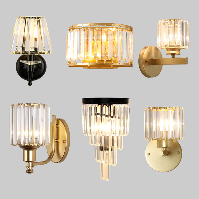 Frendorf | Postmodern 1 Kopf Wandlampe Gold Zylindrisch/Halbe Trommel Wandleuchte mit prismatischem Kristallschirm