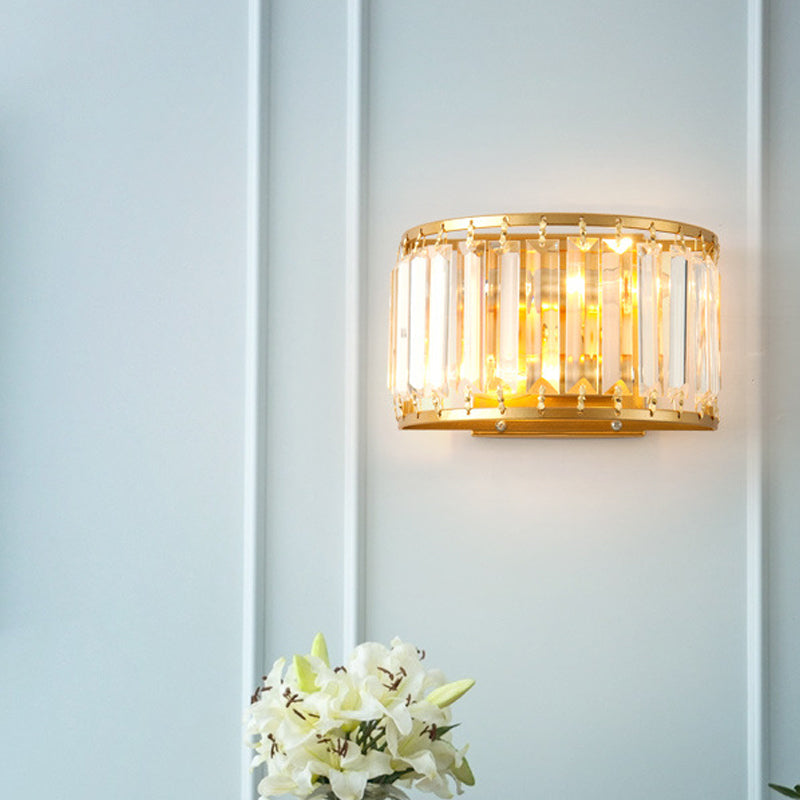 Frendorf | Postmodern 1 Kopf Wandlampe Gold Zylindrisch/Halbe Trommel Wandleuchte mit prismatischem Kristallschirm