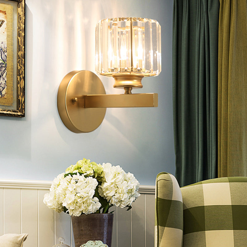 Frendorf | Postmodern 1 Kopf Wandlampe Gold Zylindrisch/Halbe Trommel Wandleuchte mit prismatischem Kristallschirm