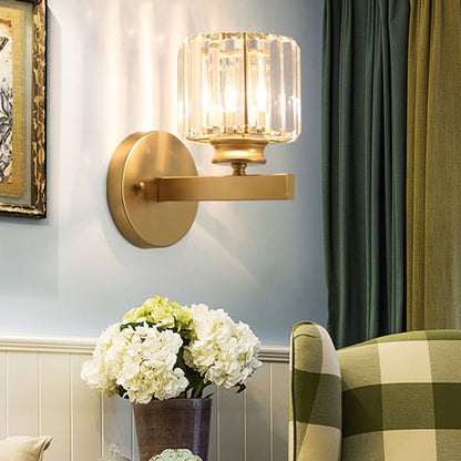 Frendorf | Postmodern 1 Kopf Wandlampe Gold Zylindrisch/Halbe Trommel Wandleuchte mit prismatischem Kristallschirm
