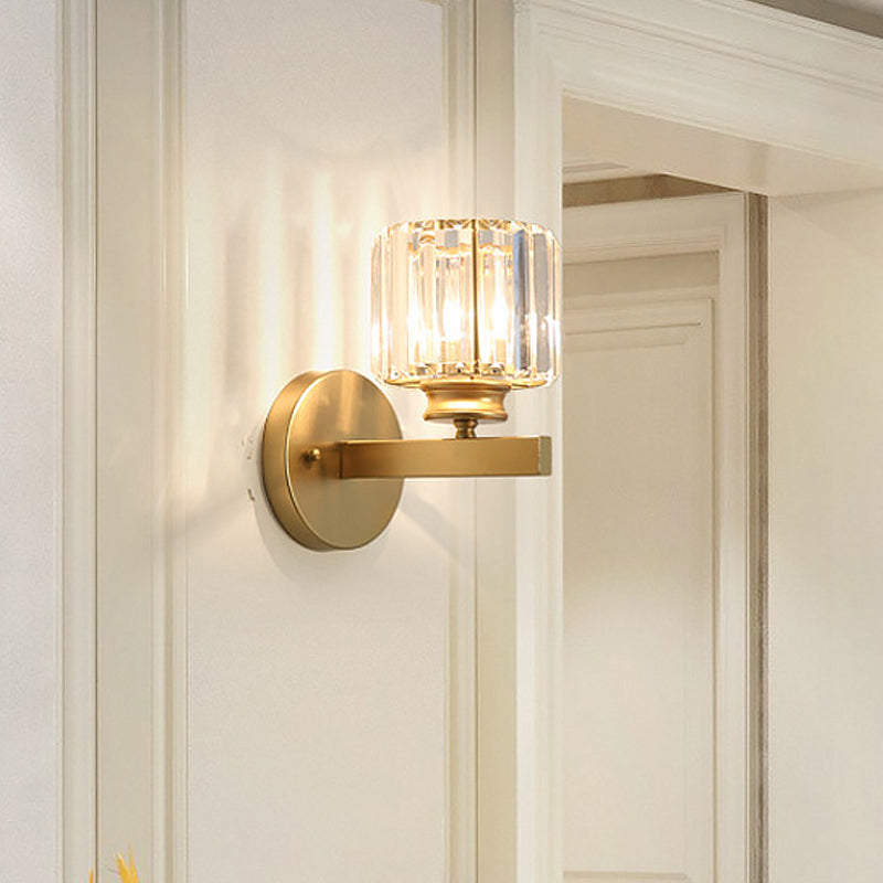 Frendorf | Postmodern 1 Kopf Wandlampe Gold Zylindrisch/Halbe Trommel Wandleuchte mit prismatischem Kristallschirm