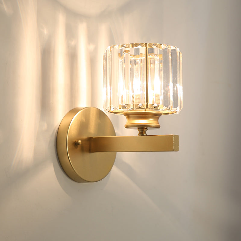 Frendorf | Postmodern 1 Kopf Wandlampe Gold Zylindrisch/Halbe Trommel Wandleuchte mit prismatischem Kristallschirm