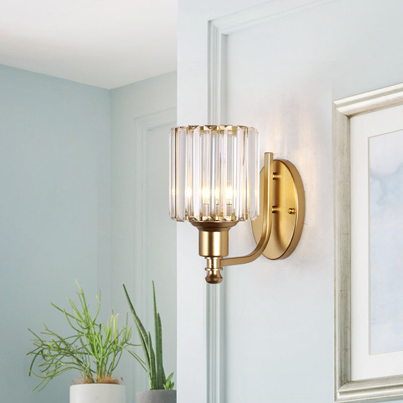 Frendorf | Postmodern 1 Kopf Wandlampe Gold Zylindrisch/Halbe Trommel Wandleuchte mit prismatischem Kristallschirm
