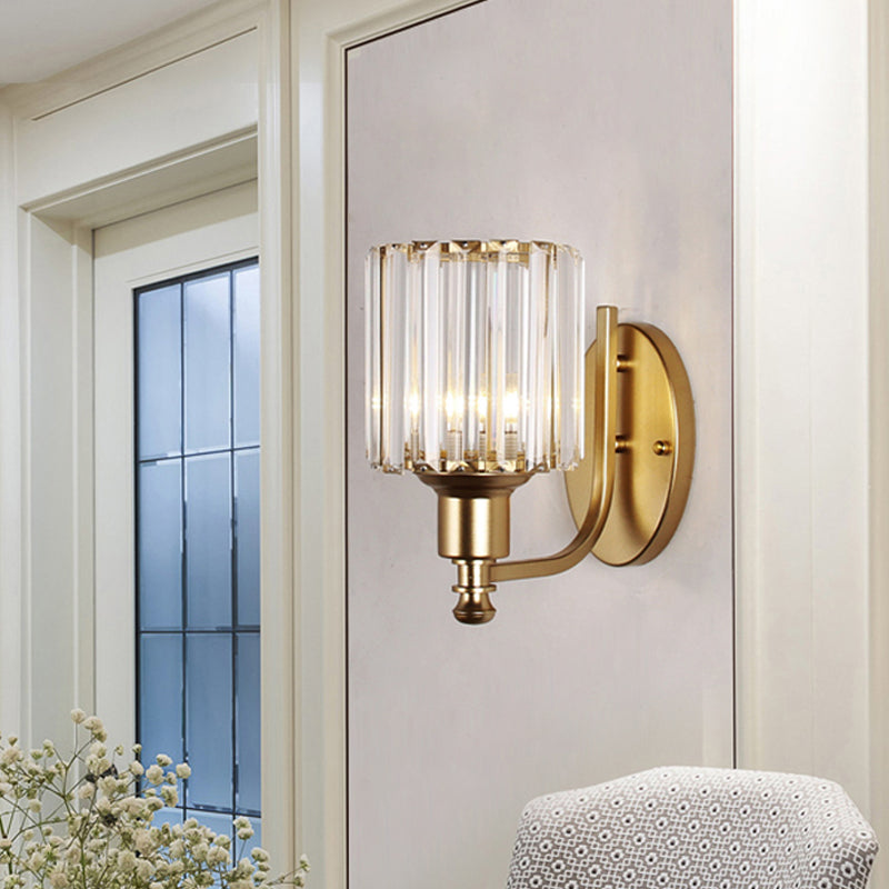 Frendorf | Postmodern 1 Kopf Wandlampe Gold Zylindrisch/Halbe Trommel Wandleuchte mit prismatischem Kristallschirm