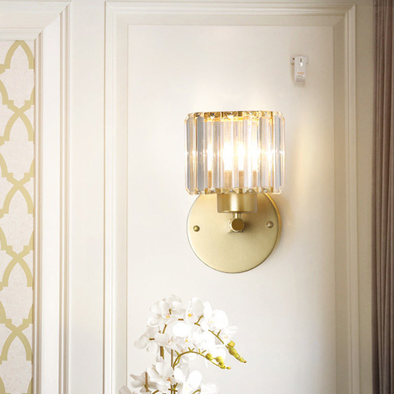 Frendorf | Postmodern 1 Kopf Wandlampe Gold Zylindrisch/Halbe Trommel Wandleuchte mit prismatischem Kristallschirm