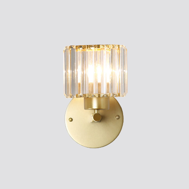 Frendorf | Postmodern 1 Kopf Wandlampe Gold Zylindrisch/Halbe Trommel Wandleuchte mit prismatischem Kristallschirm