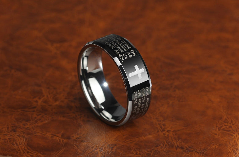 Frendorf | Personality Herren Schwarz Wolframlegierung Ring mit Kreuz, kein Verblassen, kratzfest & mehrfach poliert