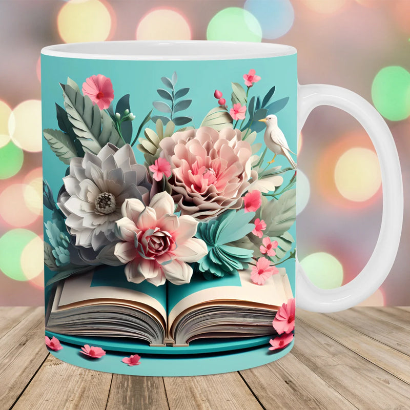 Frendorf | 3D Künstlerisch Schöne Florale Bücher Kaffeetasse - Geschenk für Bücherliebhaber