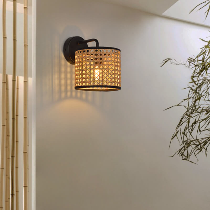 Frendorf | Ravelle Rattan Wandlampe | Modernes Webdesign | Trommelform | Stimmungsvolle Beleuchtung für Zuhause