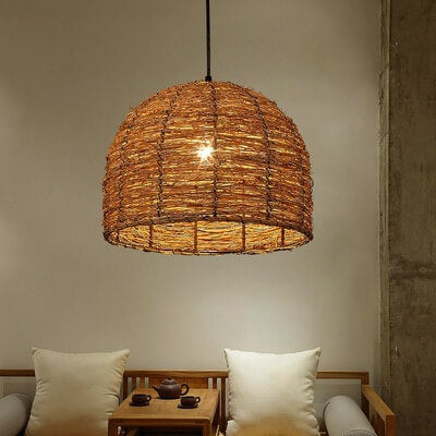 Frendorf | RattanDome Retro Pendelleuchte | Handgewebtes Rattan-Design | 1-Licht | Natürliche Wohnbeleuchtung