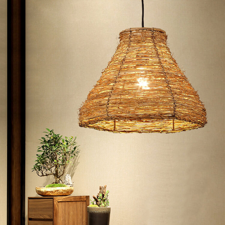 Frendorf | RattanDome Retro Pendelleuchte | Handgewebtes Rattan-Design | 1-Licht | Natürliche Wohnbeleuchtung