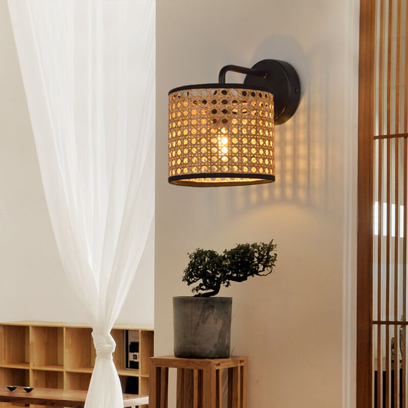 Frendorf | Ravelle Rattan Wandlampe | Modernes Webdesign | Trommelform | Stimmungsvolle Beleuchtung für Zuhause
