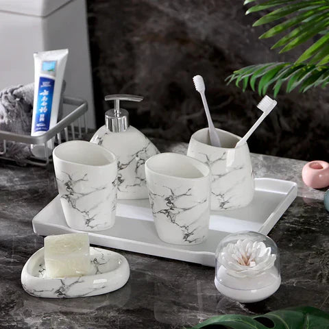 Frendorf | MarmoLuxe Badezimmer-Set 7-teilig | Elegantes Marmor-Design | Luxuriöse & Praktische Badaccessoires