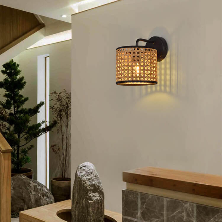 Frendorf | Ravelle Rattan Wandlampe | Modernes Webdesign | Trommelform | Stimmungsvolle Beleuchtung für Zuhause