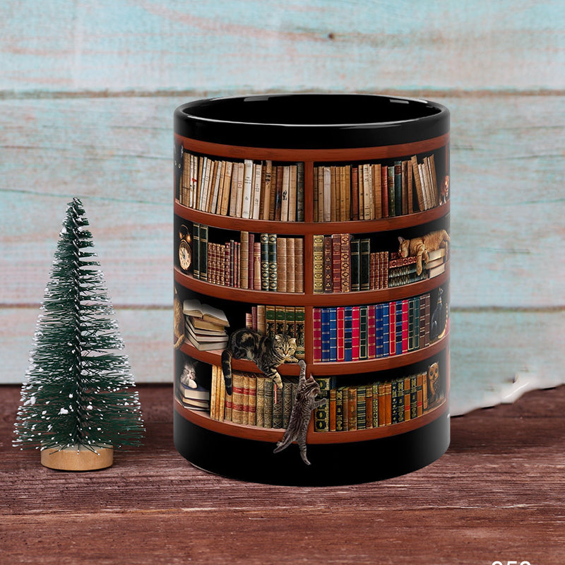 Frendorf | Bücherregal Keramikkaffeebecher - Geschenk für Katzenbuchliebhaber