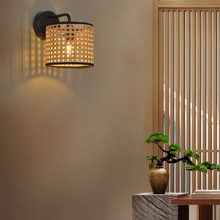 Frendorf | Ravelle Rattan Wandlampe | Modernes Webdesign | Trommelform | Stimmungsvolle Beleuchtung für Zuhause