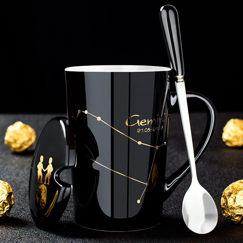 Frendorf | 12 Tierkreiszeichen Schwarze Keramiktasse mit Deckel Löffel