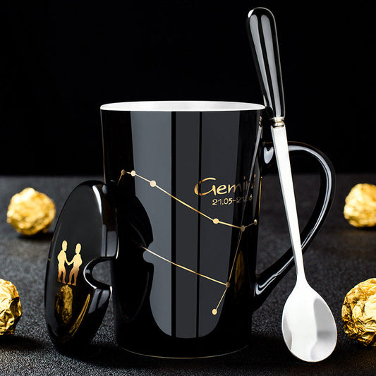Frendorf | 12 Tierkreiszeichen Schwarze Keramiktasse mit Deckel Löffel