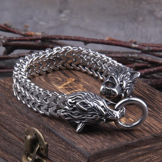 Frendorf | Viking Edelstahl Doppelwolfkopf Fenrir Armband