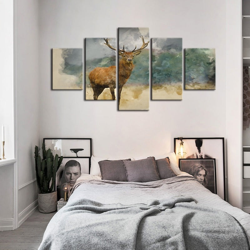 5-teiliges Aquarell-Ebenholz-Reh - Leinwand Wandkunst Gemälde