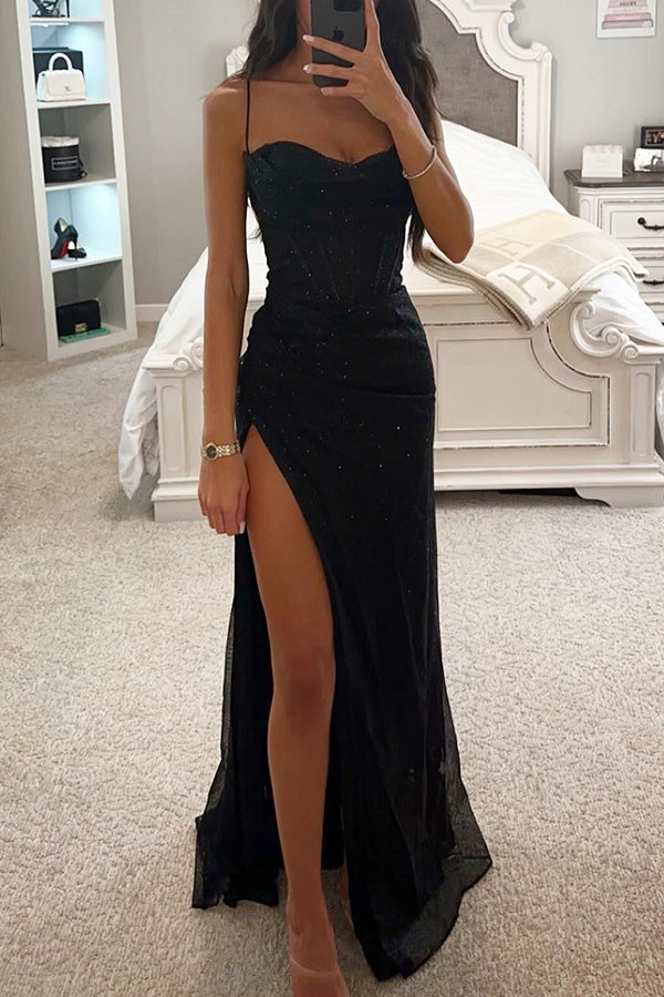 Frendorf | Romantisches Maxikleid mit Pailletten, Wasserfallausschnitt, Korsett und Schlitz