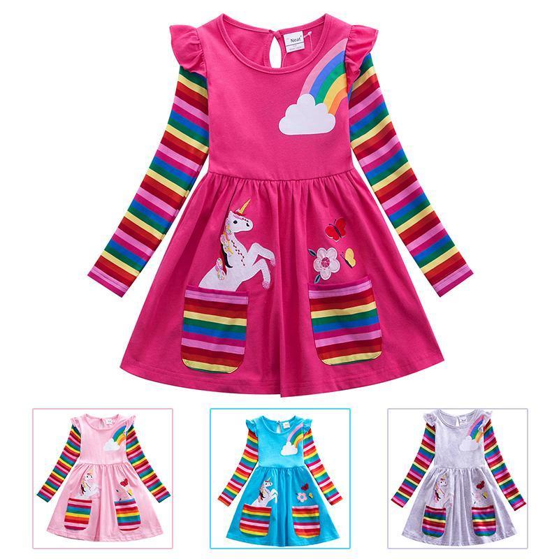 Frendorf | Mädchen Einhorn-Regenbogen-Streifen Kleid