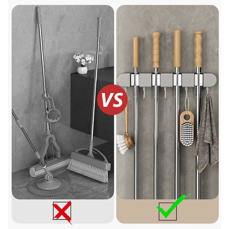 Frendorf | GripWall Mop- und Besenhalter | Wandmontiertes Aufbewahrungssystem mit Haken | Multifunktionales Lagerregal für Haushalt & Garage