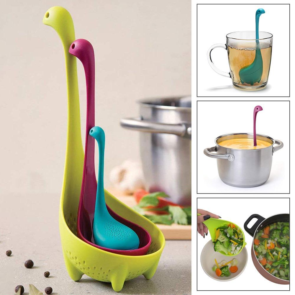 Frendorf | Nettes Loch Nessie Monster Set Sieb, Suppenlöffel, Teesieb