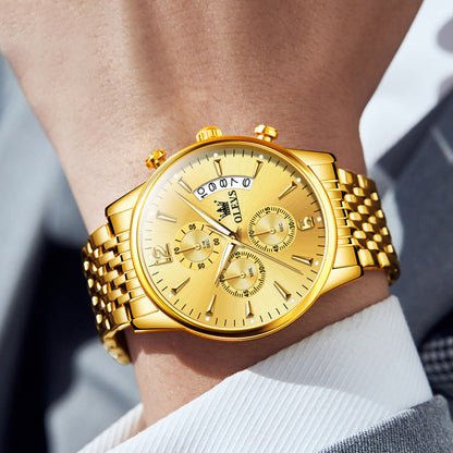 Frendorf | Luxus Gold Drei-Augen Chronograph Zifferblatt Automatische Mechanische Uhr