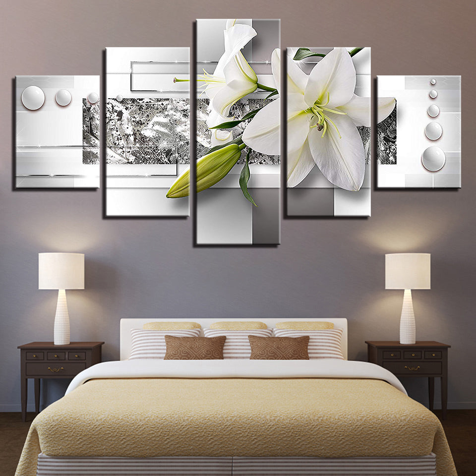 Silberweiße Lilien 5-Teilig - Leinwand Wandkunst Malerei