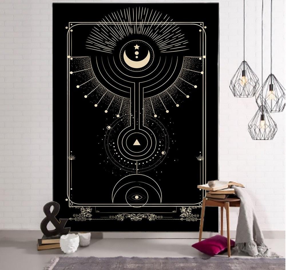 Verzauberung Tarot Wandteppich Kunst - Schwarze und Khaki Sonne, Mond, Stern Universum Geometrisches Design für Wohnheim und Wohnkultur