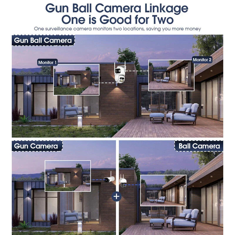 6MP Dual-Lens WLAN-Sicherheitskamera für den Außenbereich, HD-Nachtsicht, Bewegungserkennung, automatische Verfolgung, wasserdicht, Sirenenalarm, ICSEE App Fernanzeige