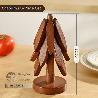 Frendorf | 1Set Holzuntersetzer für heiße Gerichte Faltbarer Baumform Tischmatte Halter Wärmeisoliertes Pad Set Untersetzer für Töpfe