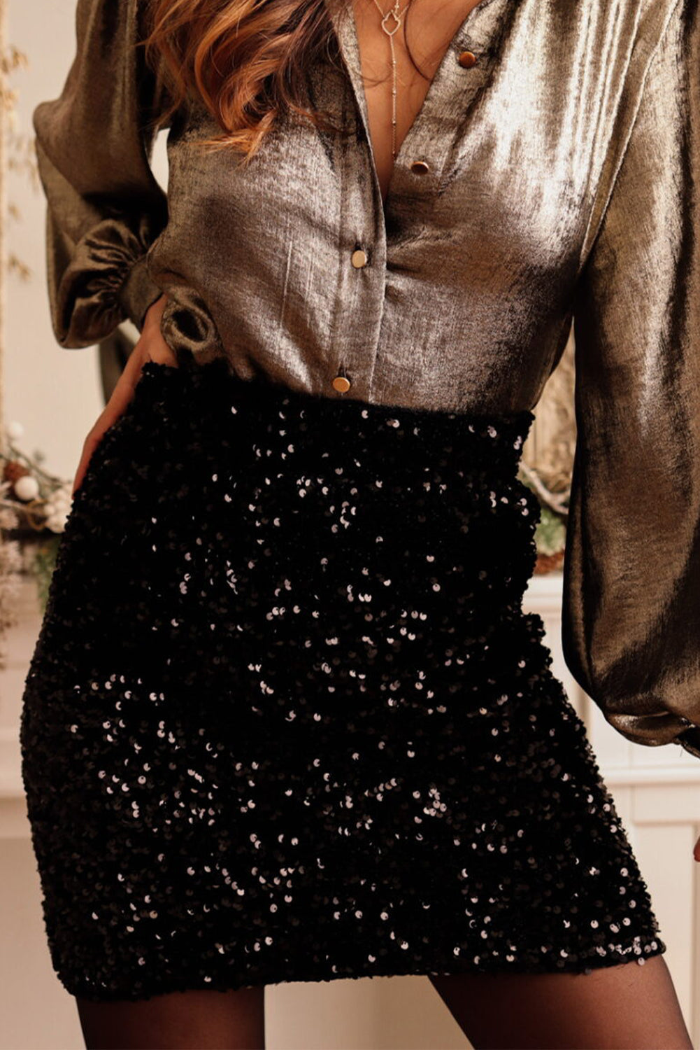 Frendorf | Schwarzer Party Pailletten Bodycon Minirock