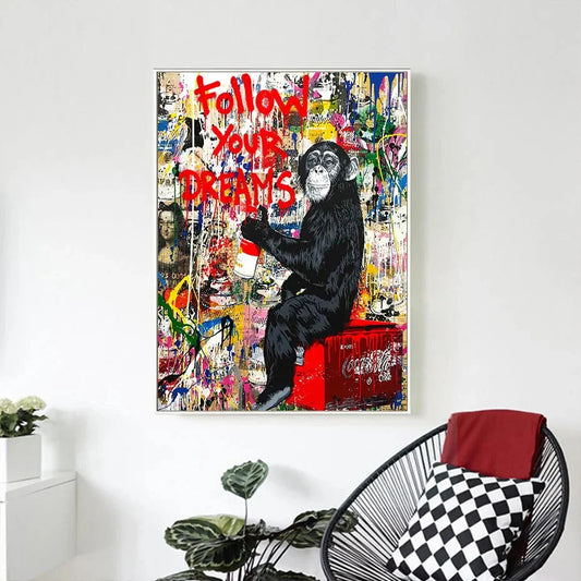 1 Stück Banksy Kunst Folge Deinen Träumen Affen Poster Graffiti Straßen Wand Leinwand Malerei und Drucke Tiere Bilder
