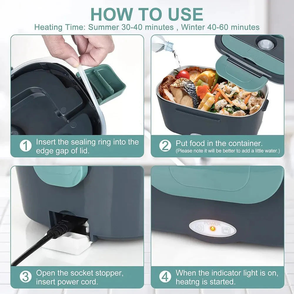 2-in-1 Elektrische Heizende Lunchbox Auto + Zuhause 12V/220/110V Tragbare Edelstahl-Auskleidung Bento-Lunchbox Lebensmittelbehälter Bento-Box