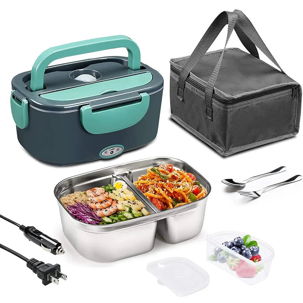 2-in-1 Elektrische Heizende Lunchbox Auto + Zuhause 12V/220/110V Tragbare Edelstahl-Auskleidung Bento-Lunchbox Lebensmittelbehälter Bento-Box