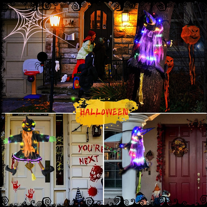 2 Moden Halloween Absturzhexe in Baum Deko Halloween Leuchtende hängende Dekorationen mit leuchtendem Warnschild