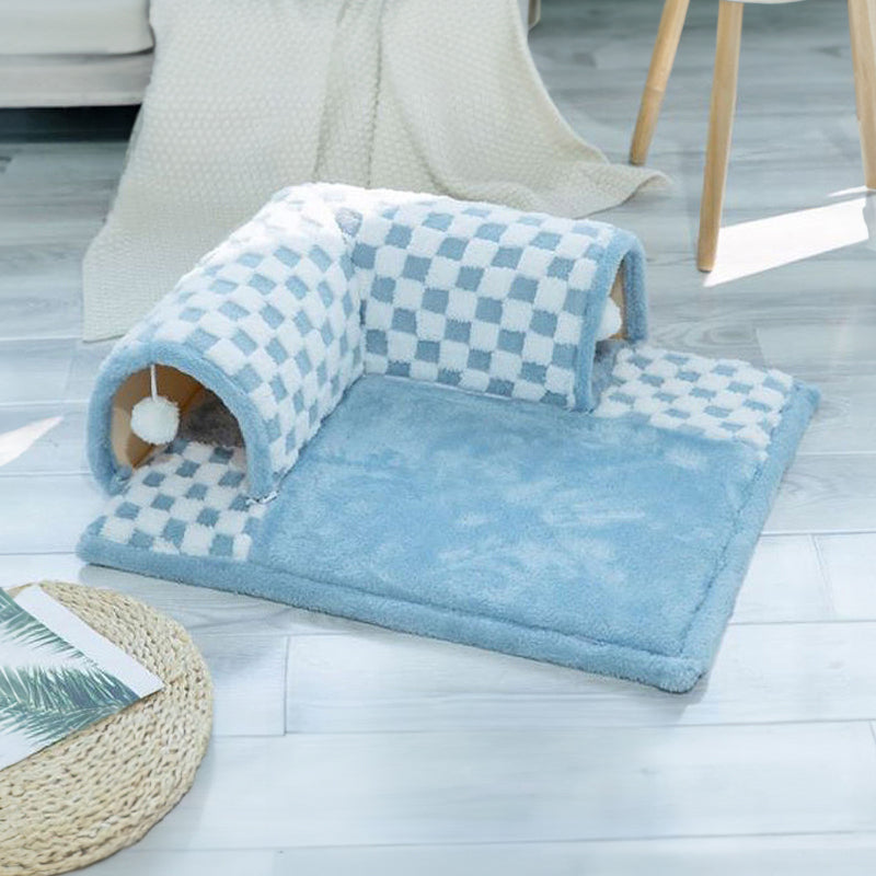 2-in-1 Lustiger Plüsch Karierter Katzen-Tunnel Bett