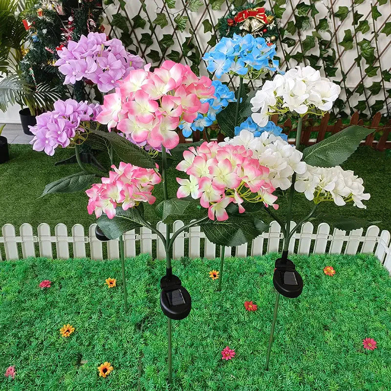 Frendorf | 2er-Pack: Hortensie Solar LED Blumenlichter mit 3 Köpfen, wasserdichte Gartenlichter für den Außenbereich