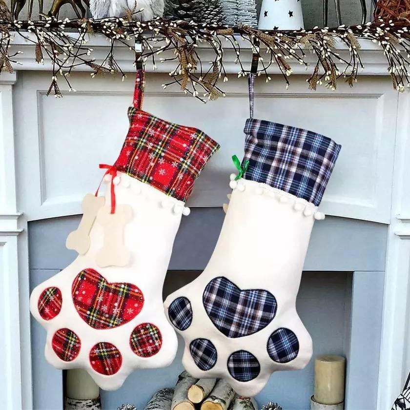 Frendorf | 2er-Pack: Karierte Weihnachten Haustier Hund Katze Pfote Hängende Socke Socken