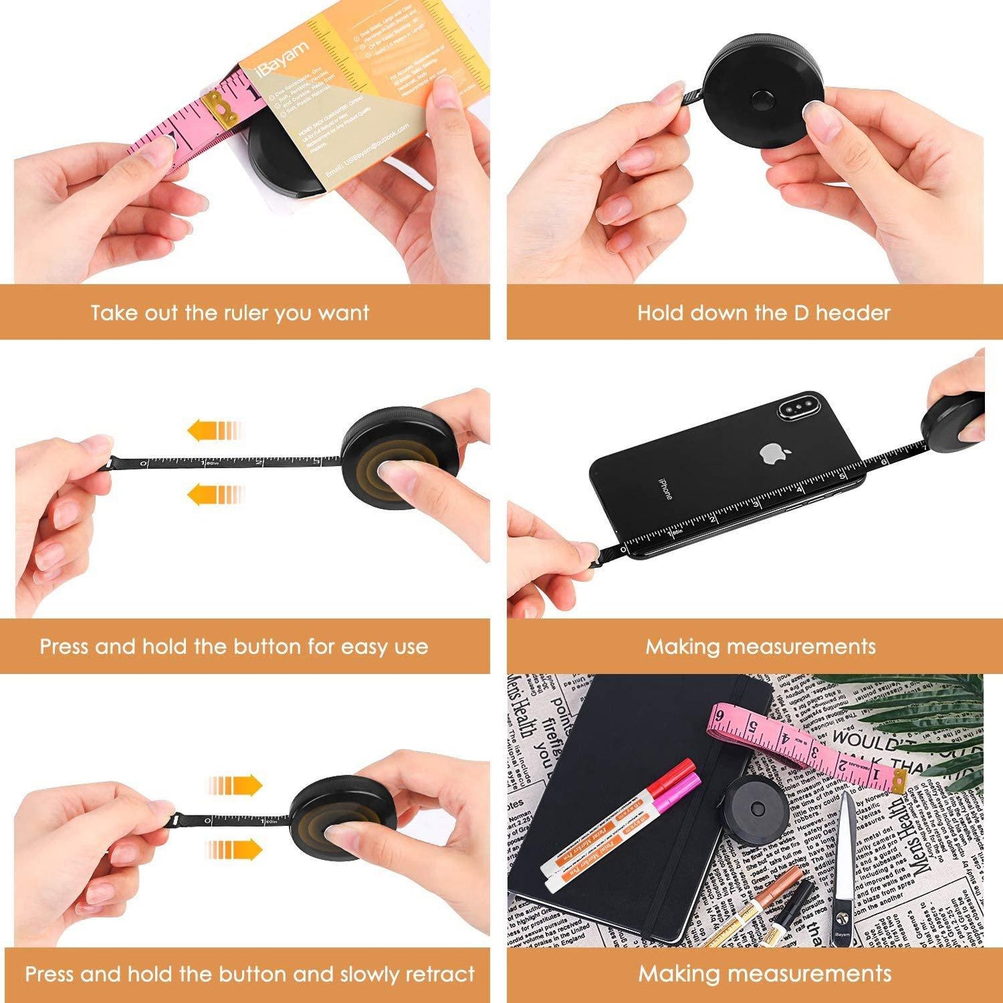 Frendorf | 2-Pack: Weiches Mode-Pink und ausziehbares schwarzes Maßband-Set
