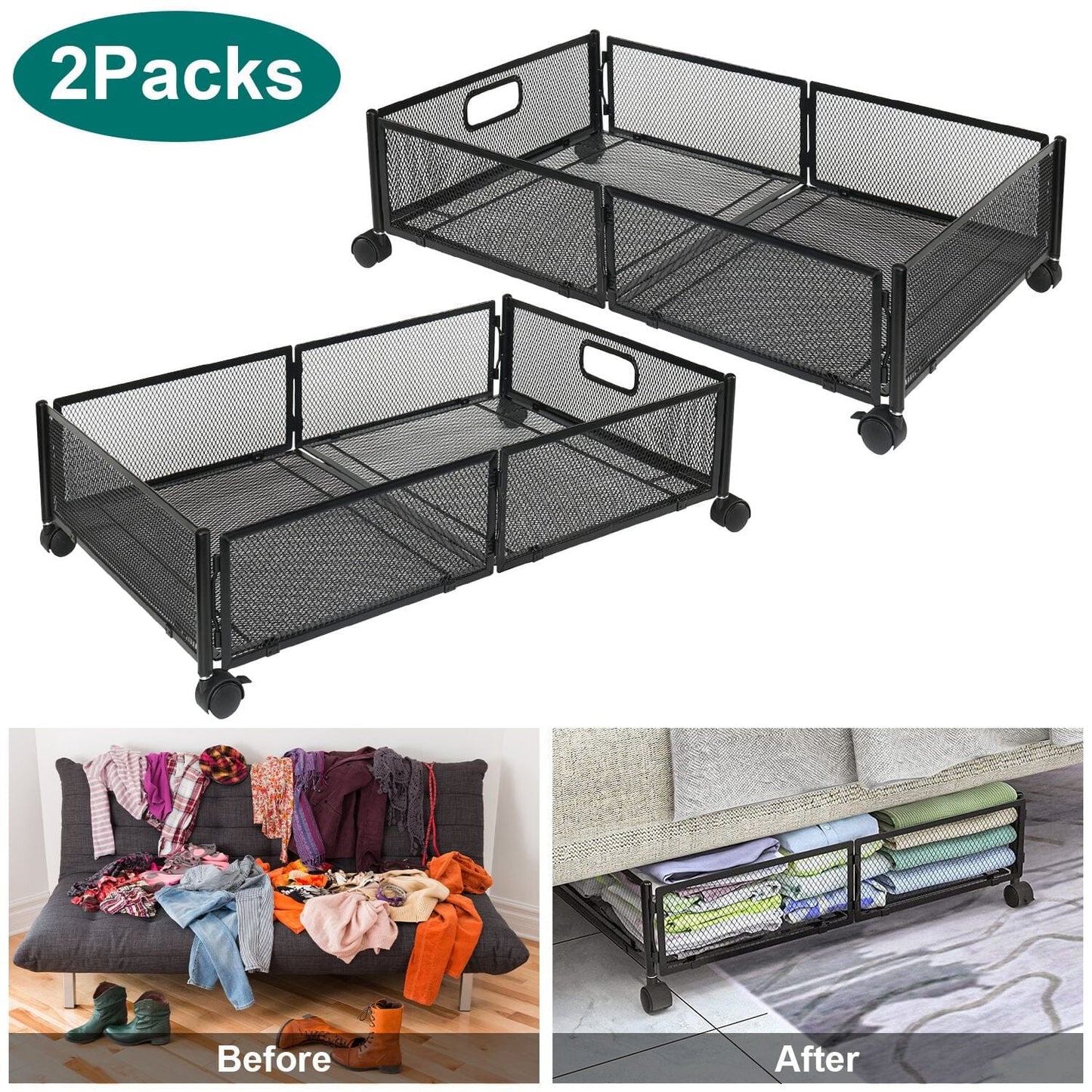 Frendorf | 2er-Pack: Unterbett Aufbewahrungsbehälter faltbar Rollcontainer