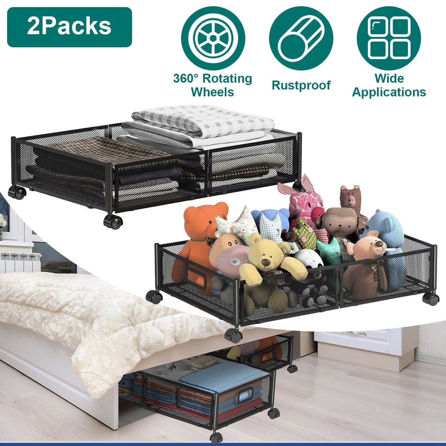 Frendorf | 2er-Pack: Unterbett Aufbewahrungsbehälter faltbar Rollcontainer
