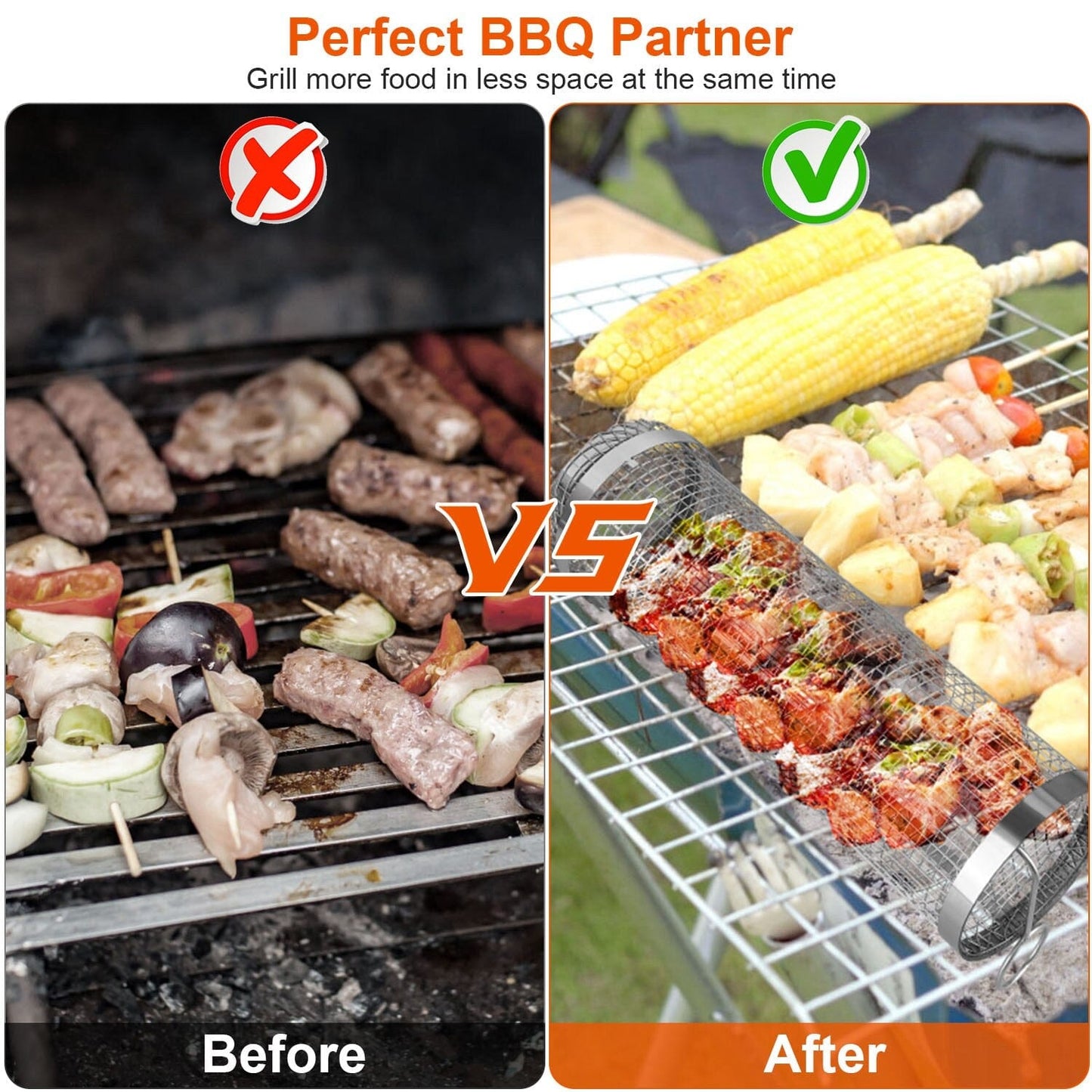 Frendorf | 2-teilig: Tragbarer BBQ Rollkorb runder Edelstahlgrill