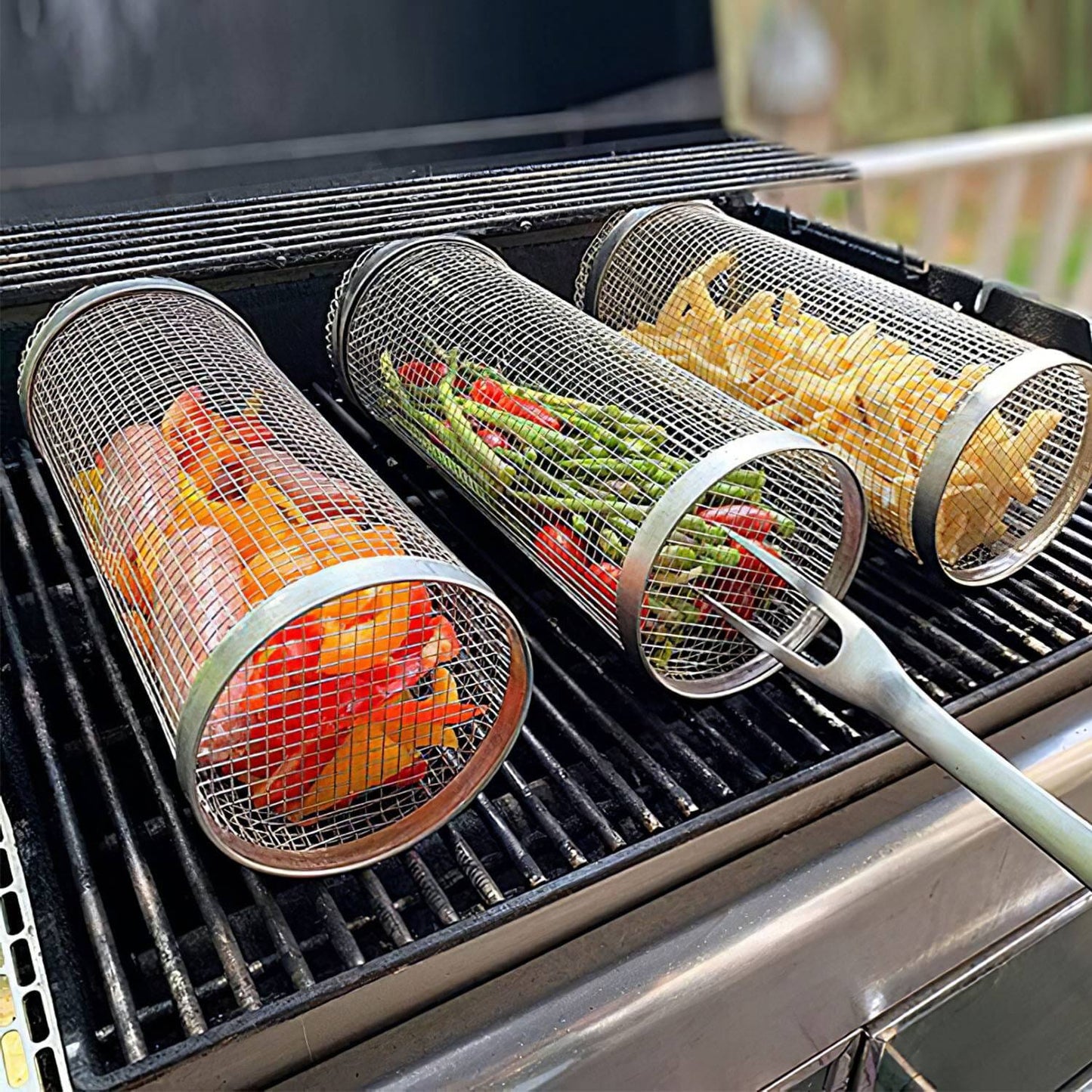 Frendorf | 2-teilig: Tragbarer BBQ Rollkorb runder Edelstahlgrill