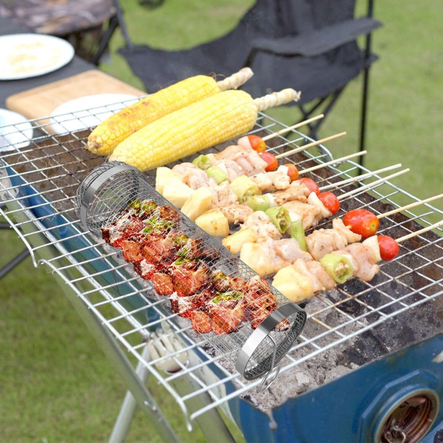 Frendorf | 2-teilig: Tragbarer BBQ Rollkorb runder Edelstahlgrill
