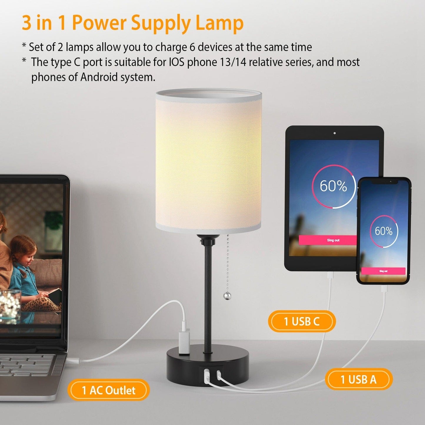 Frendorf | 2-Teile: Nachttischlampen 3 Farbmodi USB C+A AC-Ausgangsports Zugkette