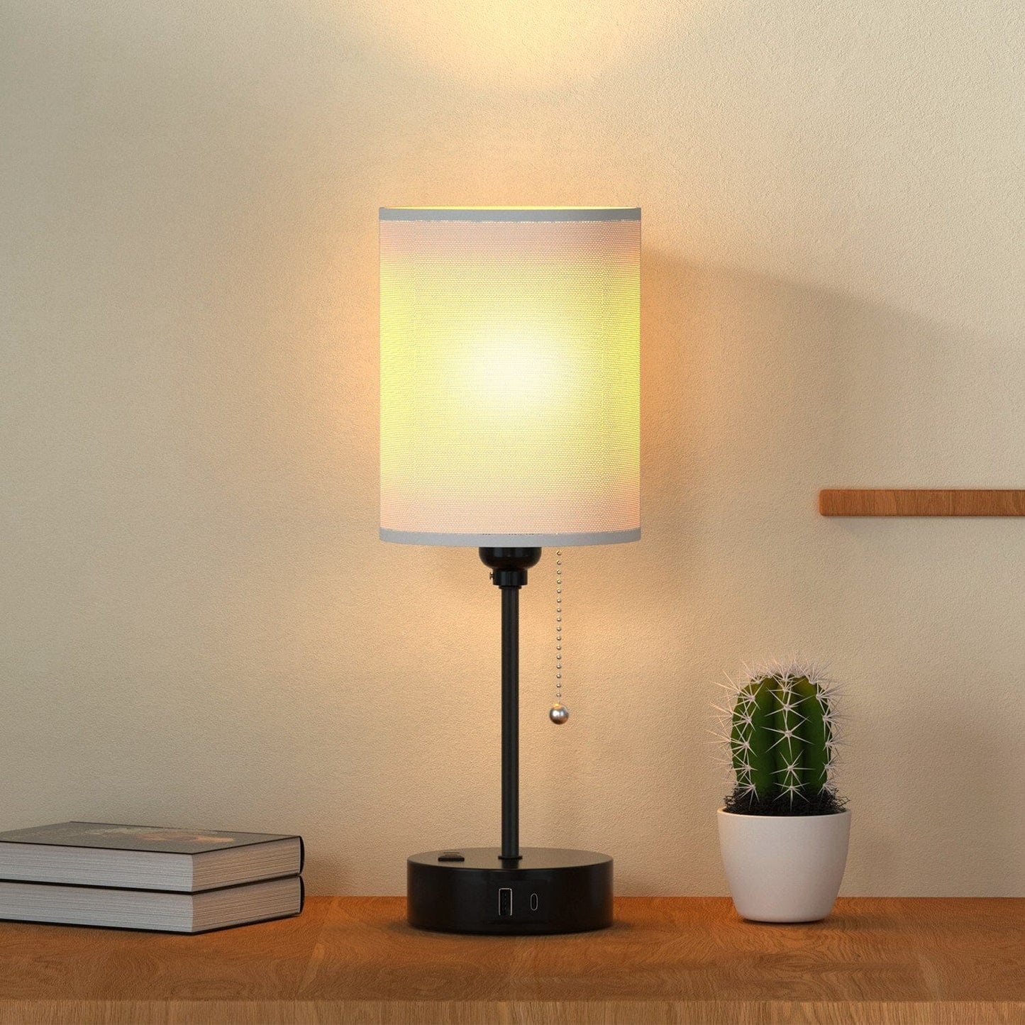 Frendorf | 2-Teile: Nachttischlampen 3 Farbmodi USB C+A AC-Ausgangsports Zugkette