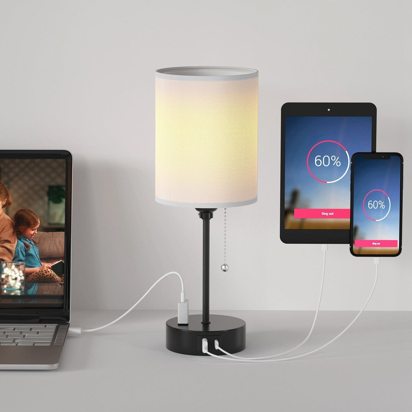 Frendorf | 2-Teile: Nachttischlampen 3 Farbmodi USB C+A AC-Ausgangsports Zugkette